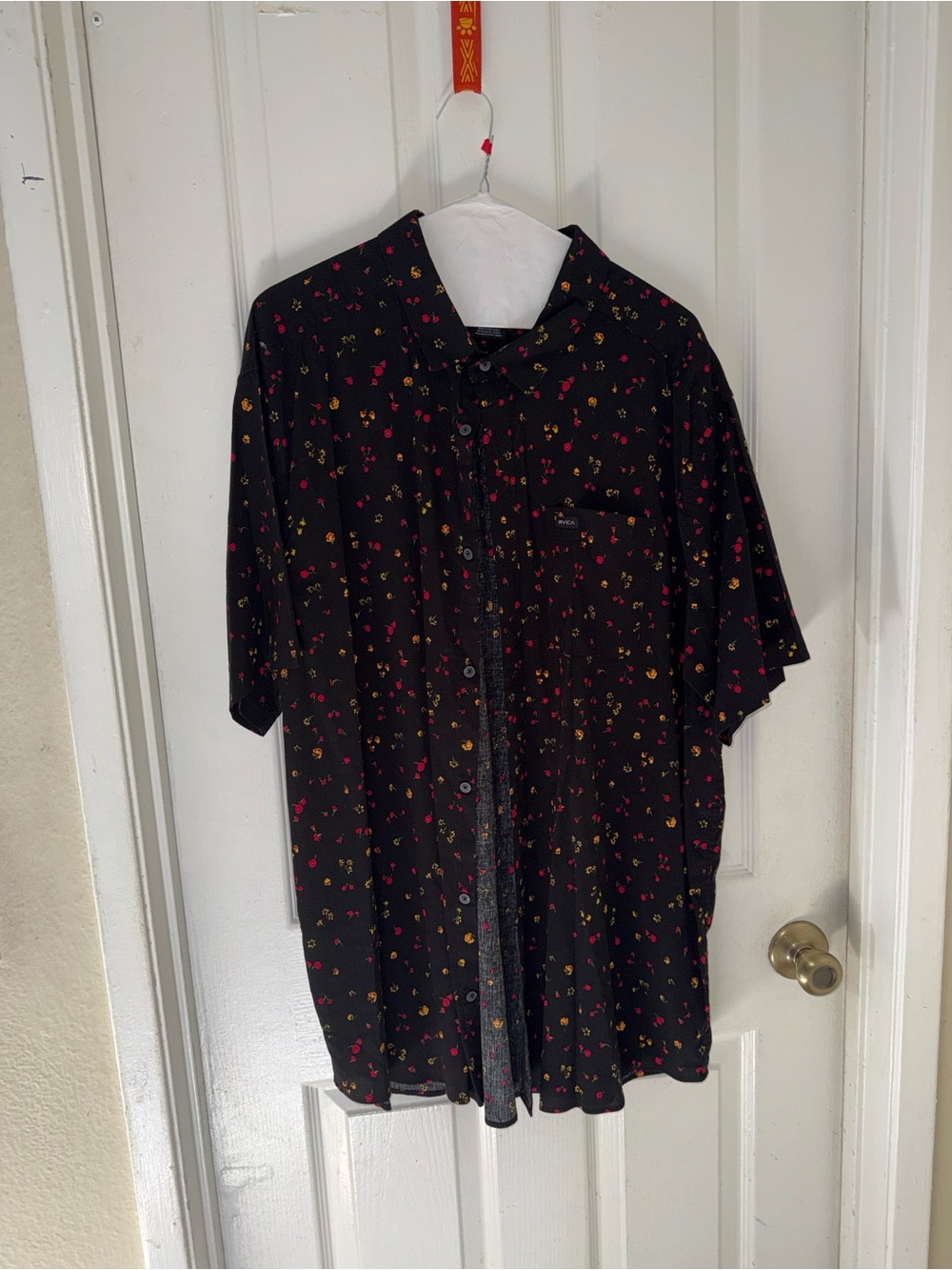 RVCA Black Short-Sleeve Button-Up Shirt with Red & Yellow Floral Dots